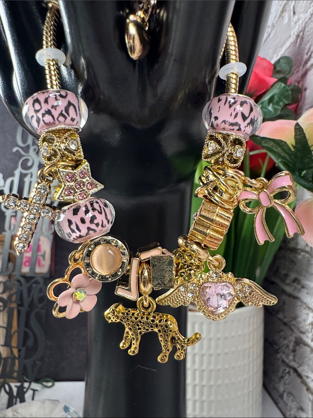 Gold and Pink Charm Bracelet Necklace with Animal and Bow Charms